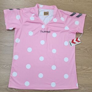 Hummel White Polka Dot Shirt Womens L Soccer Jersey Pink Stretch Short Sleeve